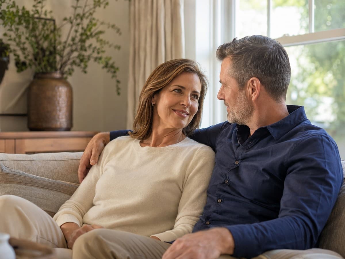 Couple sitting closely together on a couch