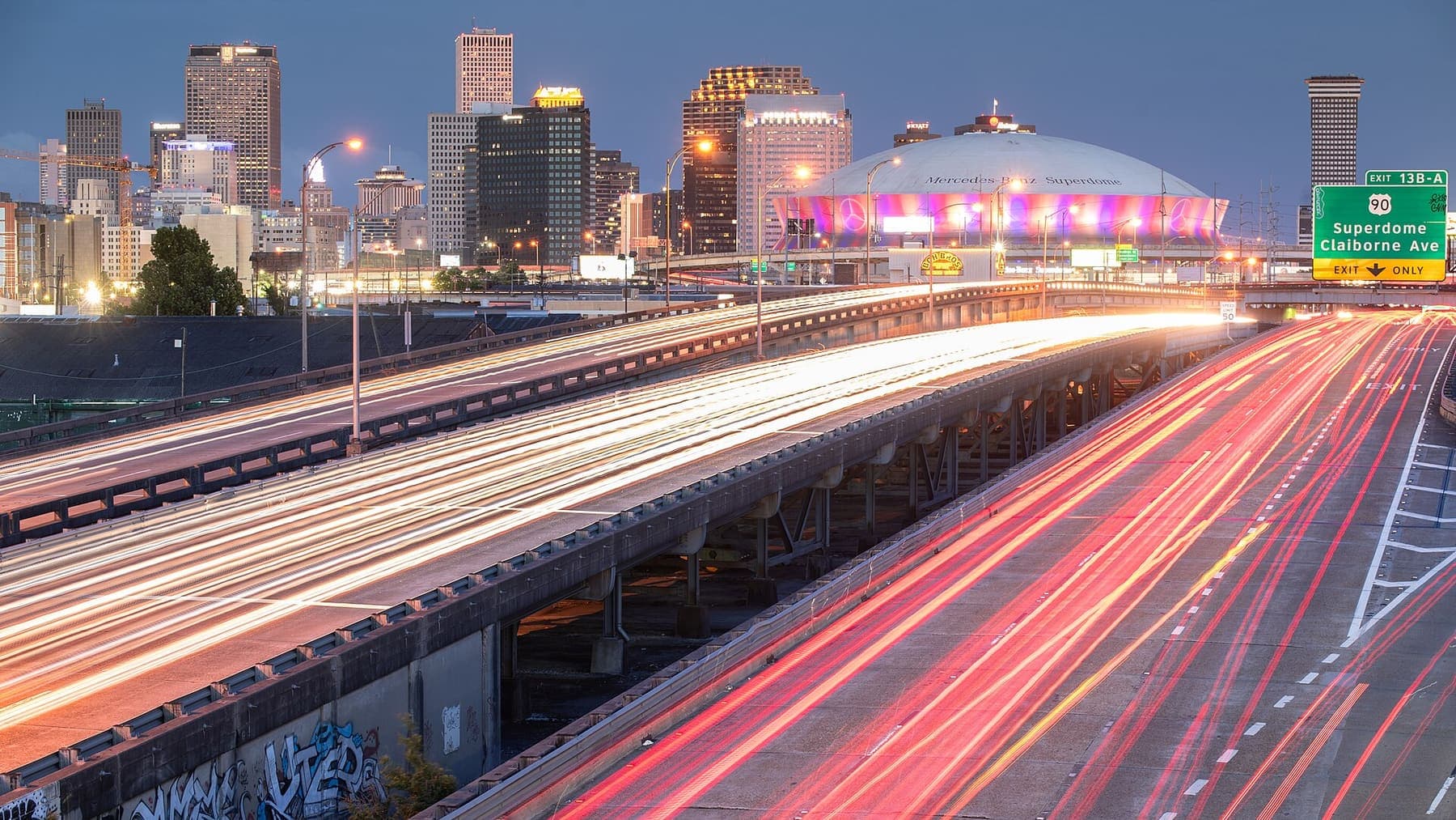 Louisiana: New Orleans Skyline Interstate 10 Light Trail Dusk